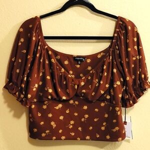 Originality Burgundy Floral Crop Top Short Puff Sleeves Deep V-Neck Size XL NWT